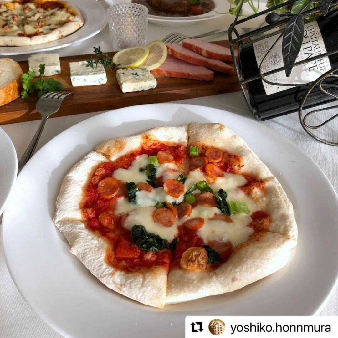 野沢菜とチョリソーのピッツァ@yoshiko.honnmura